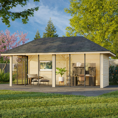 Pavillon de jardin Bianca 17,64m² - en bois brut - madriers 28mm - Palmako