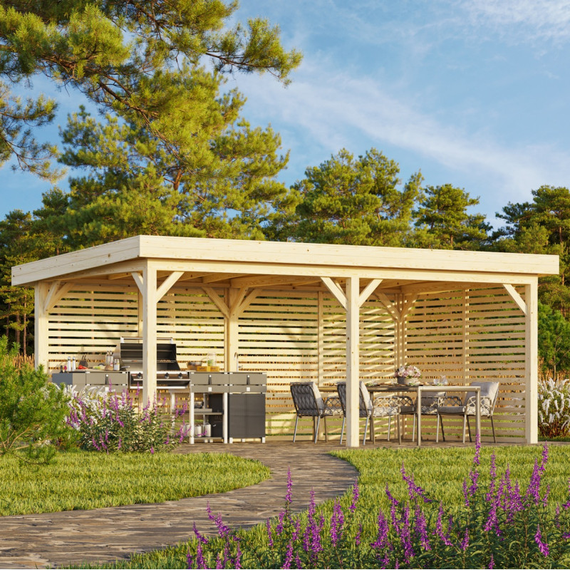 Kiosque de jardin Lenna 17,64m² - en bois brut - madriers 28mm - Palmako