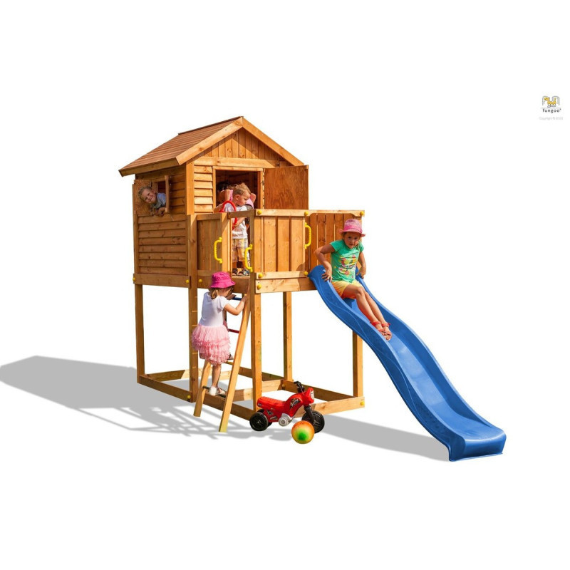Cabane pour enfants en bois lasuré - toboggan bleu MY HOUSE - FUNGOO