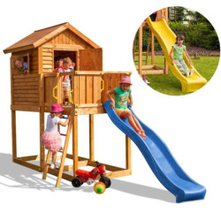 Cabane pour enfants en bois lasuré - toboggan jaune MY HOUSE - FUNGOO