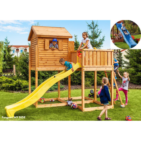 Cabane de jeux en bois séché et lasuré MY SIDE - toboggan bleu FUNGOO